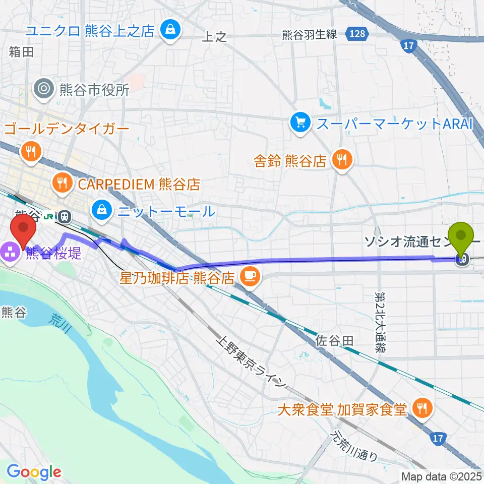ソシオ流通センター駅から熊谷市立文化センター文化会館へのルートマップ地図