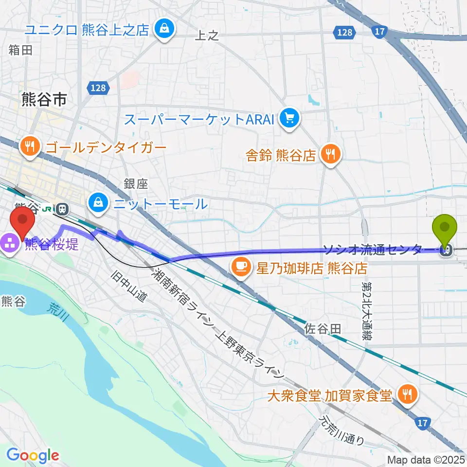 ソシオ流通センター駅から熊谷市立文化センター文化会館へのルートマップ地図