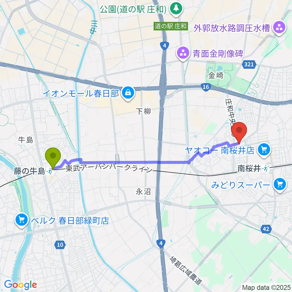 藤の牛島駅から庄和地区公民館へのルートマップ地図