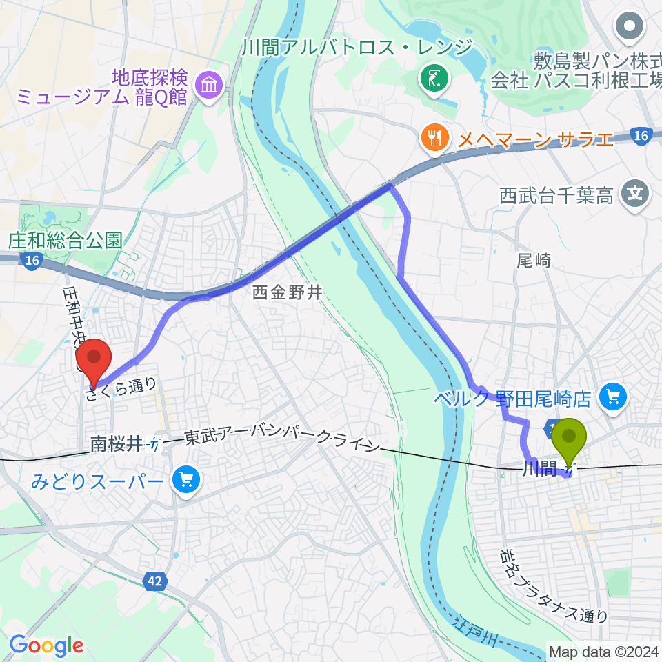 川間駅から庄和地区公民館へのルートマップ地図