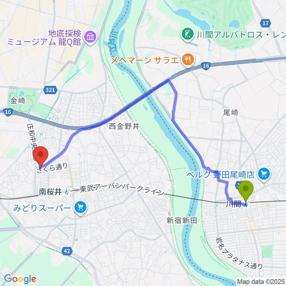 川間駅から庄和地区公民館へのルートマップ地図