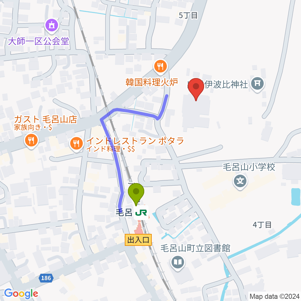 ウィズもろやま（毛呂山町福祉会館）の最寄駅毛呂駅からの徒歩ルート（約3分）地図