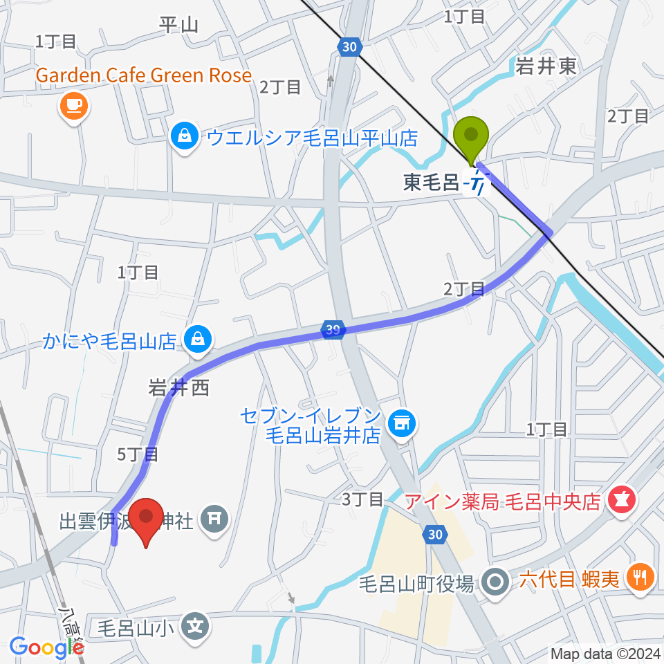 東毛呂駅からウィズもろやま（毛呂山町福祉会館）へのルートマップ地図