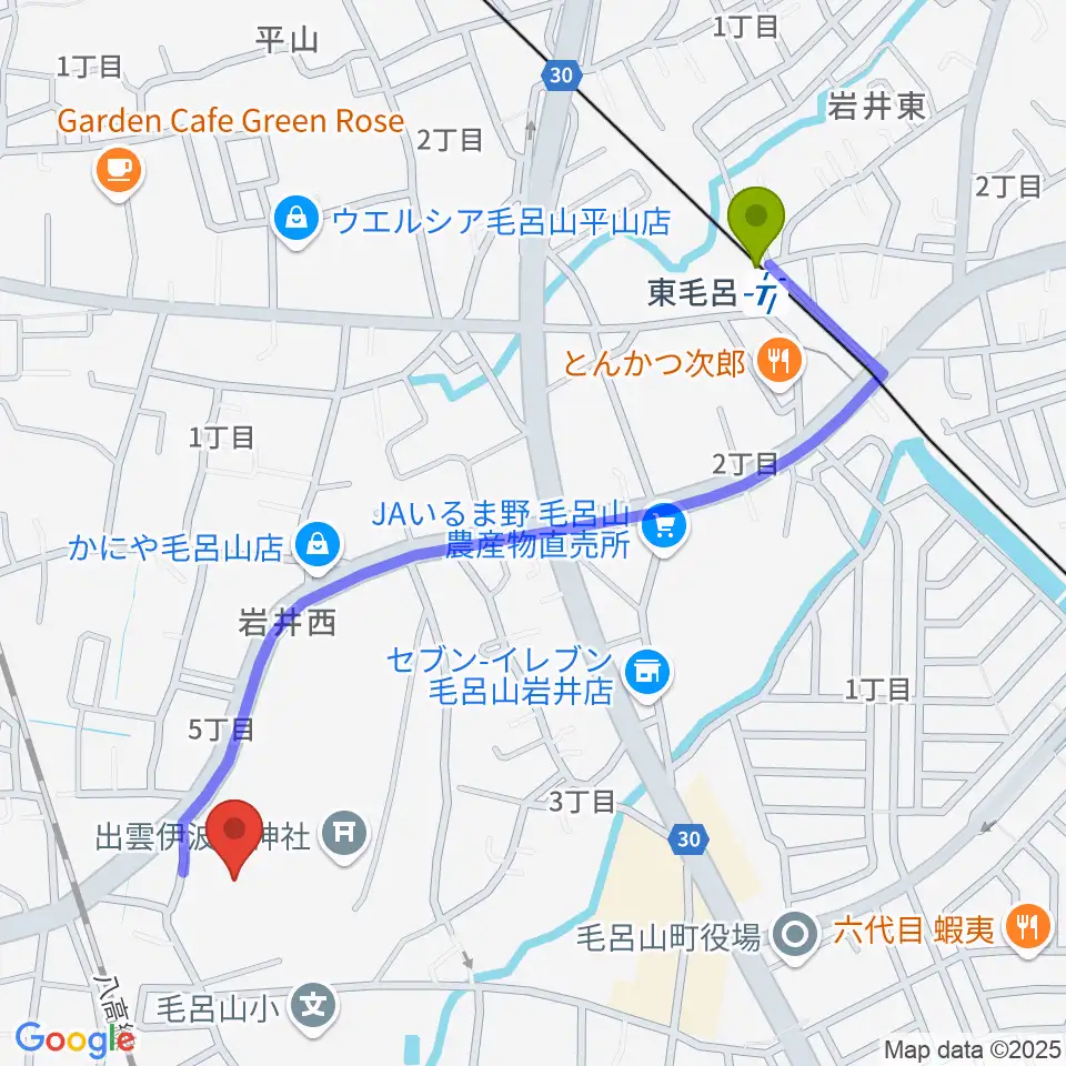 東毛呂駅からウィズもろやま（毛呂山町福祉会館）へのルートマップ地図