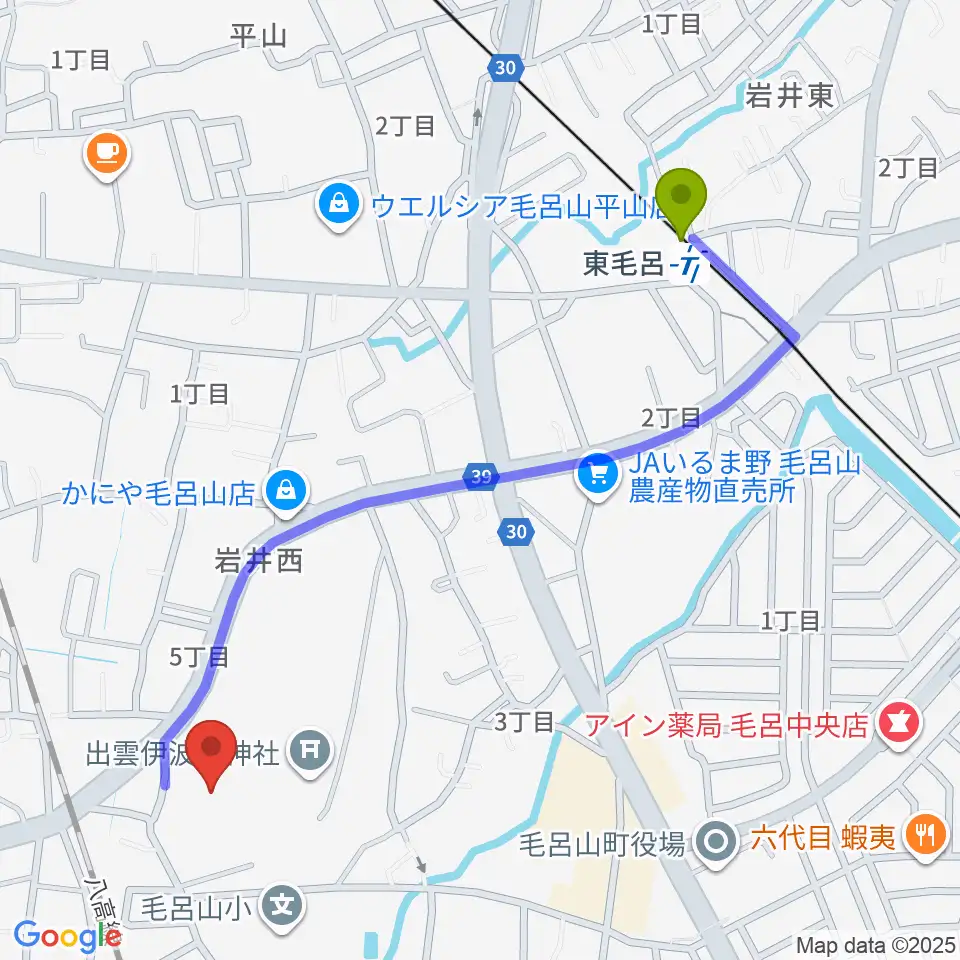 東毛呂駅からウィズもろやま（毛呂山町福祉会館）へのルートマップ地図