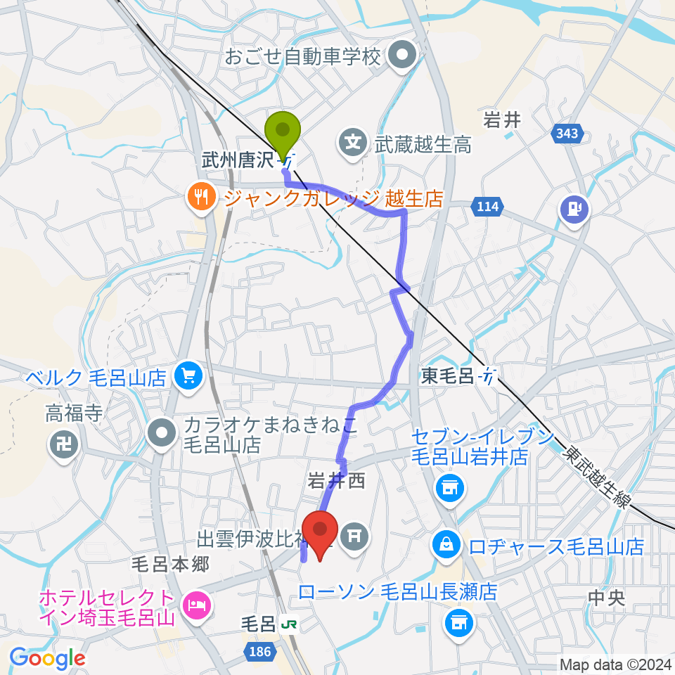 武州唐沢駅からウィズもろやま（毛呂山町福祉会館）へのルートマップ地図