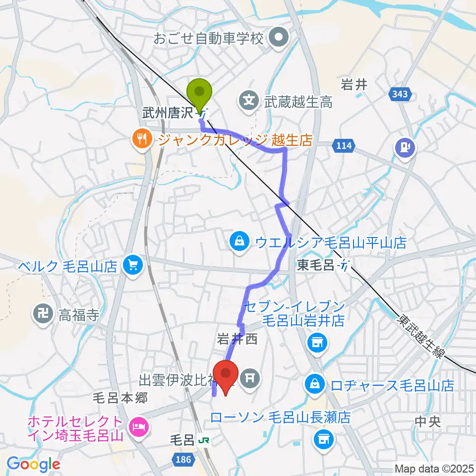 武州唐沢駅からウィズもろやま（毛呂山町福祉会館）へのルートマップ地図