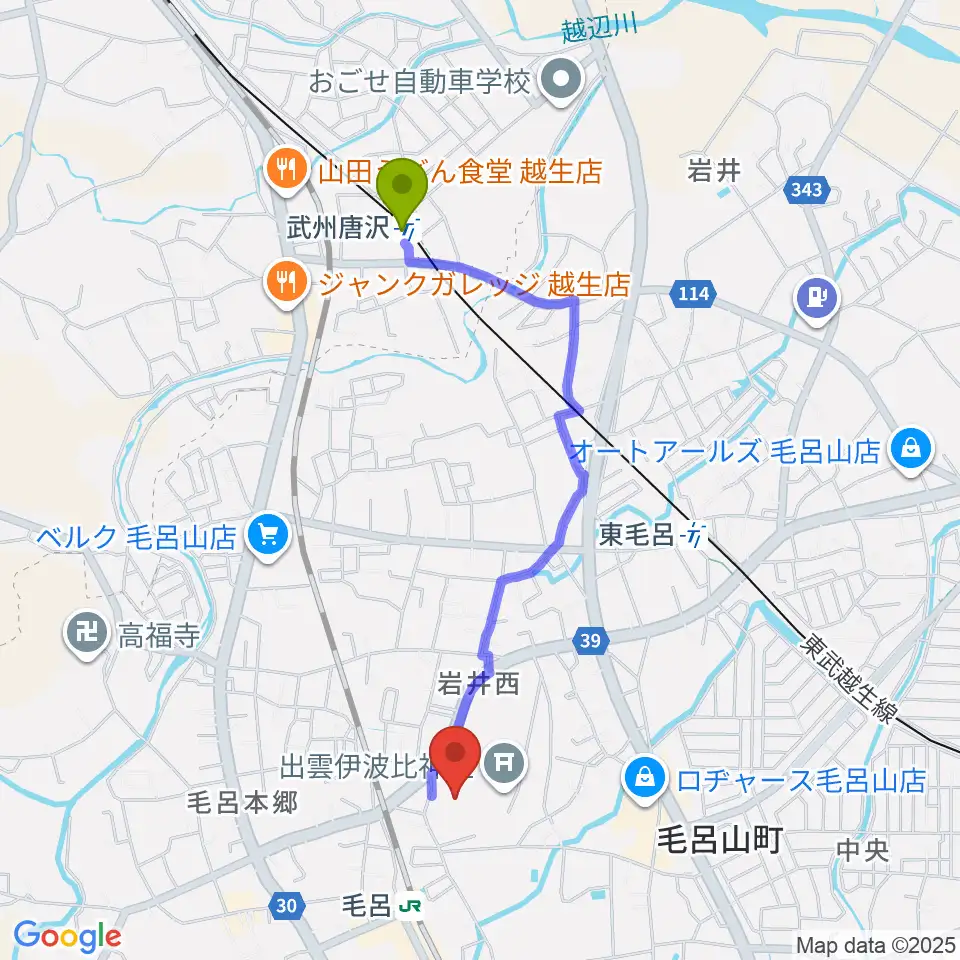 武州唐沢駅からウィズもろやま（毛呂山町福祉会館）へのルートマップ地図