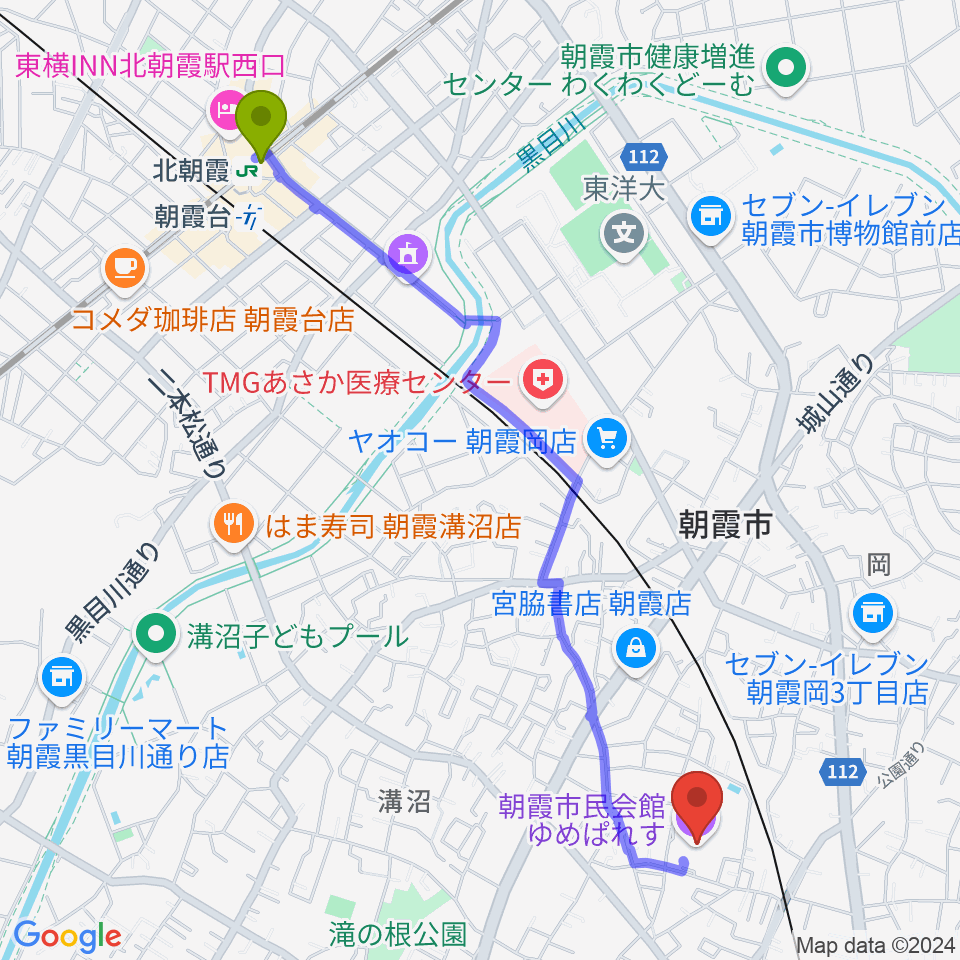 北朝霞駅から朝霞市民会館ゆめぱれすへのルートマップ地図