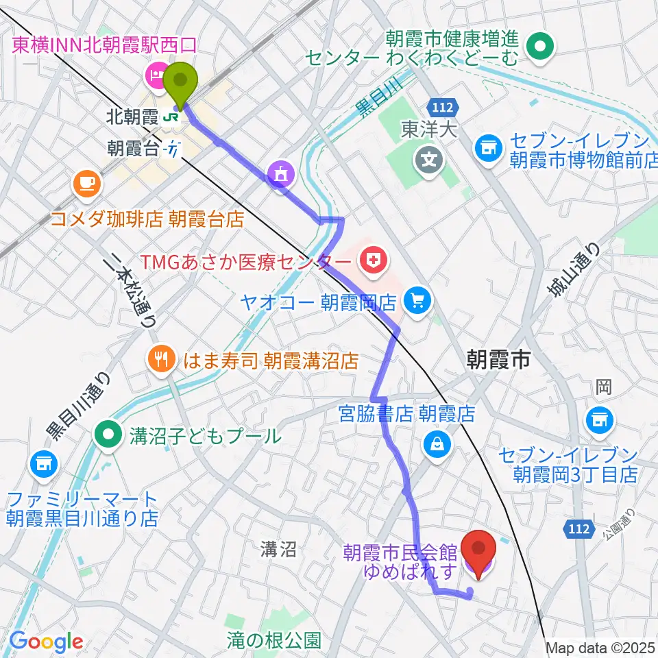 北朝霞駅から朝霞市民会館 ゆめぱれすへのルートマップ地図