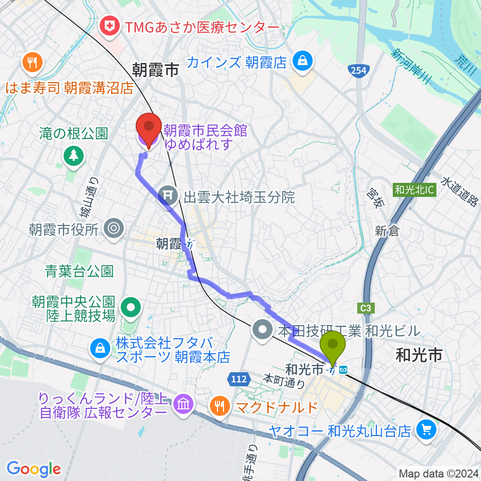 和光市駅から朝霞市民会館ゆめぱれすへのルートマップ地図