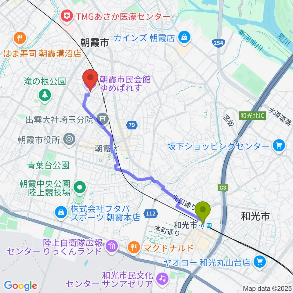 和光市駅から朝霞市民会館 ゆめぱれすへのルートマップ地図