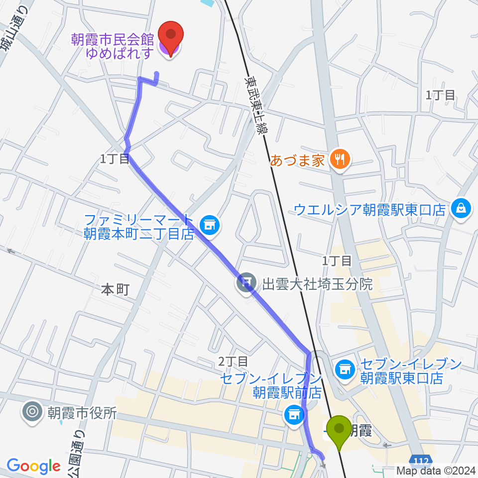 朝霞市民会館ゆめぱれすの最寄駅朝霞駅からの徒歩ルート（約14分）地図