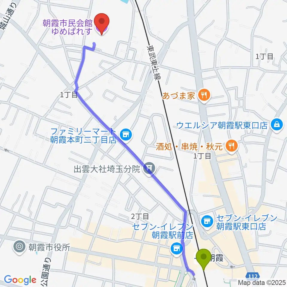 朝霞市民会館 ゆめぱれすの最寄駅朝霞駅からの徒歩ルート（約14分）地図