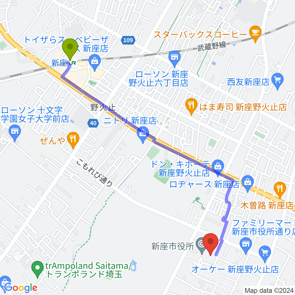 新座市民会館の最寄駅新座駅からの徒歩ルート（約25分）地図