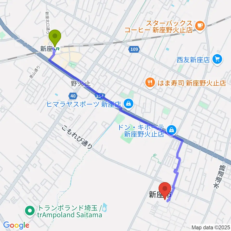 新座市民会館の最寄駅新座駅からの徒歩ルート（約25分）地図