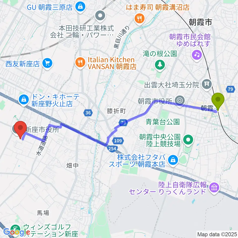 朝霞駅から新座市民会館へのルートマップ地図