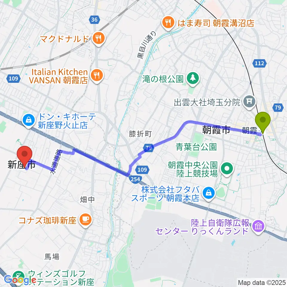 朝霞駅から新座市民会館へのルートマップ地図
