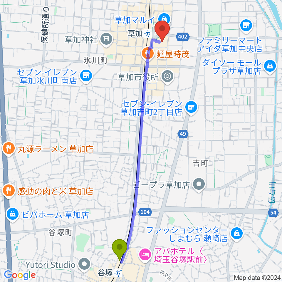 谷塚駅から草加アコスホールへのルートマップ地図