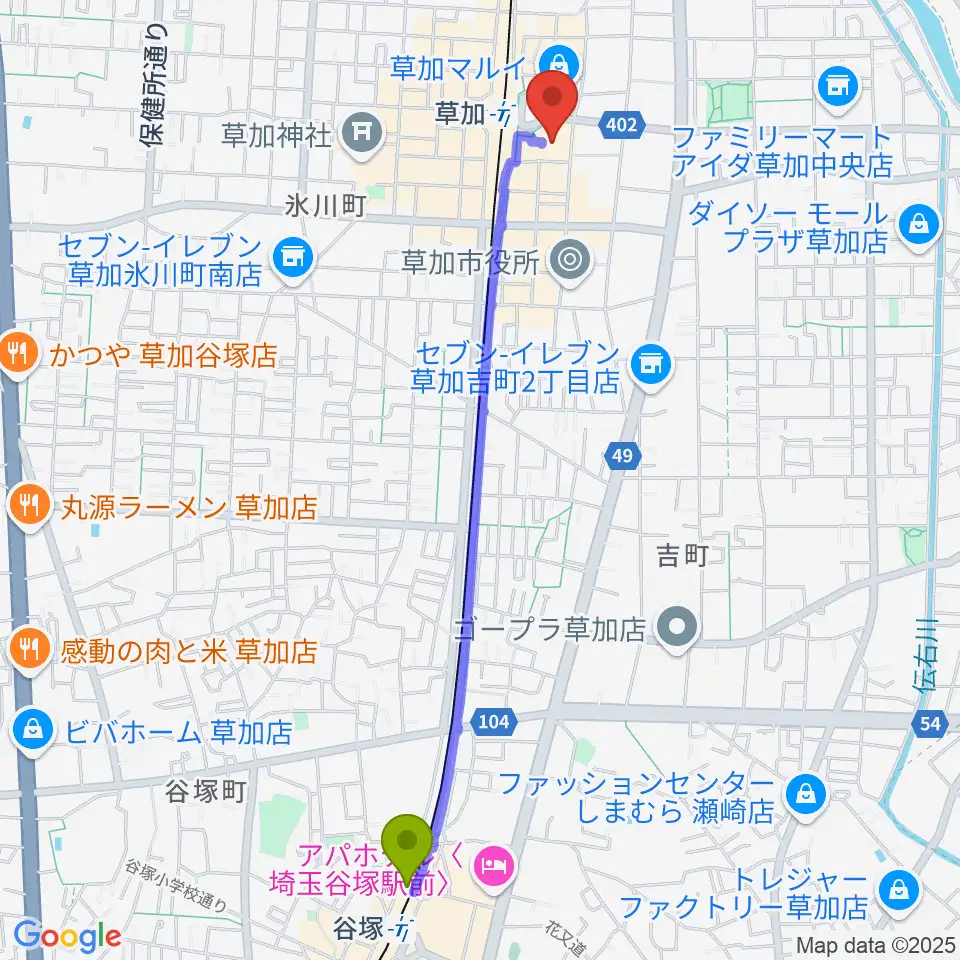 谷塚駅から草加アコスホールへのルートマップ地図