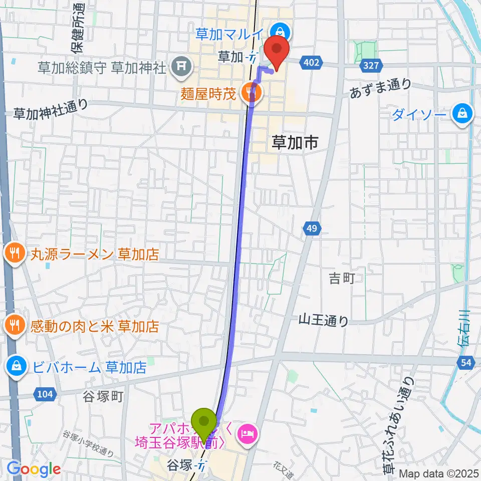 谷塚駅から草加アコスホールへのルートマップ地図
