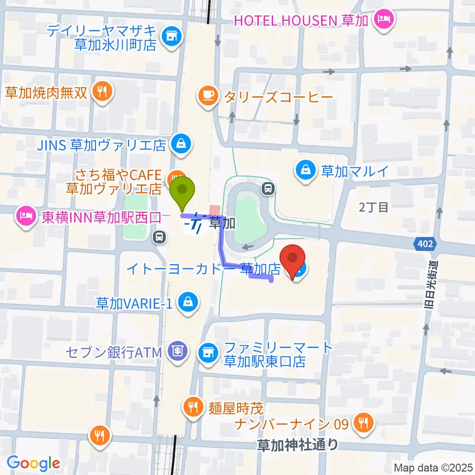 草加アコスホールの最寄駅草加駅からの徒歩ルート（約2分）地図