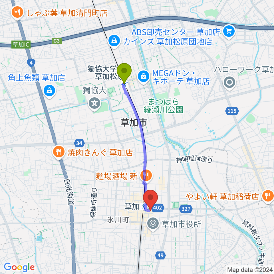 獨協大学前〈草加松原〉駅から草加アコスホールへのルートマップ地図