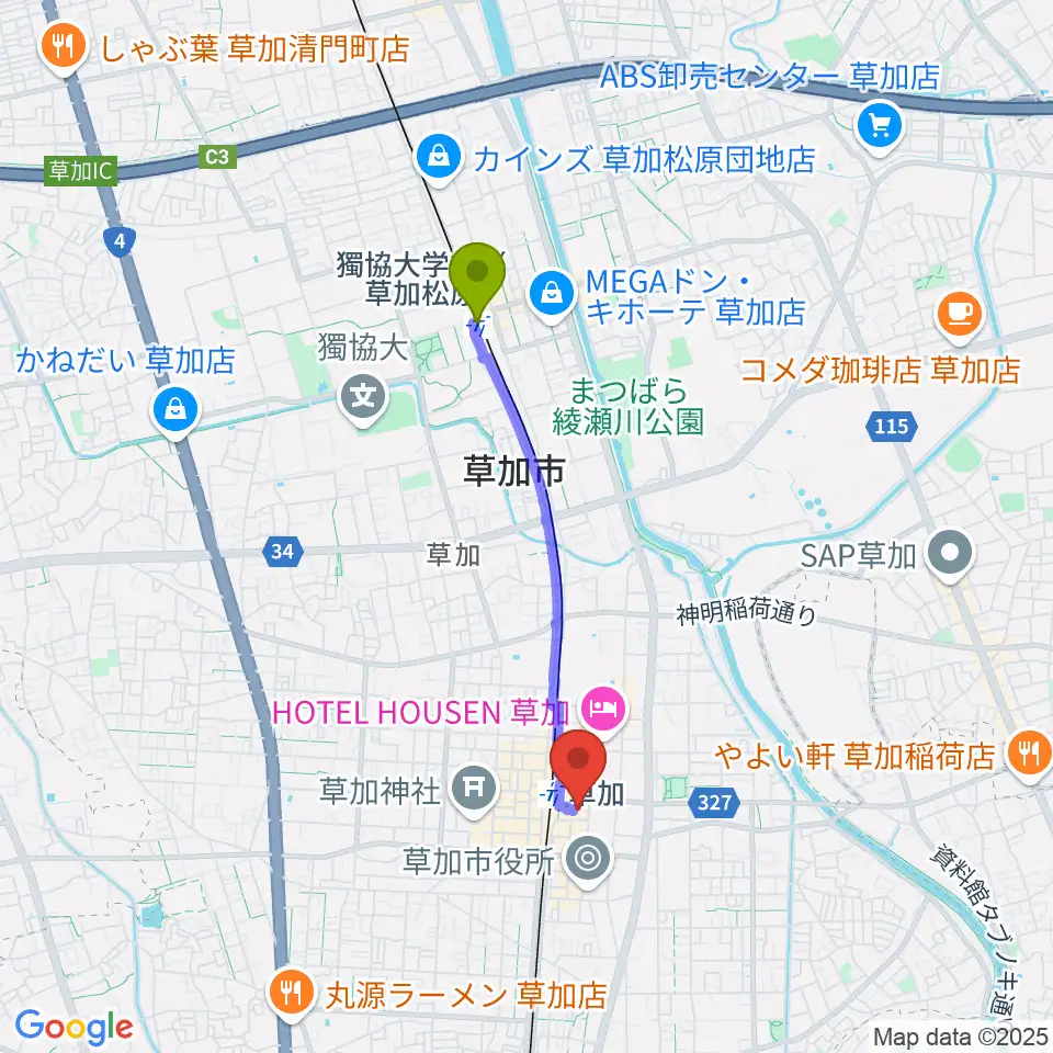 獨協大学前〈草加松原〉駅から草加アコスホールへのルートマップ地図