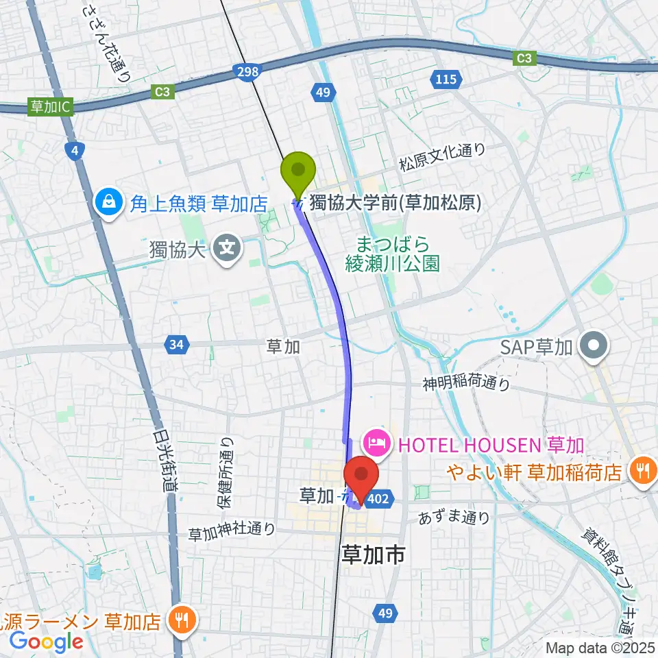獨協大学前〈草加松原〉駅から草加アコスホールへのルートマップ地図