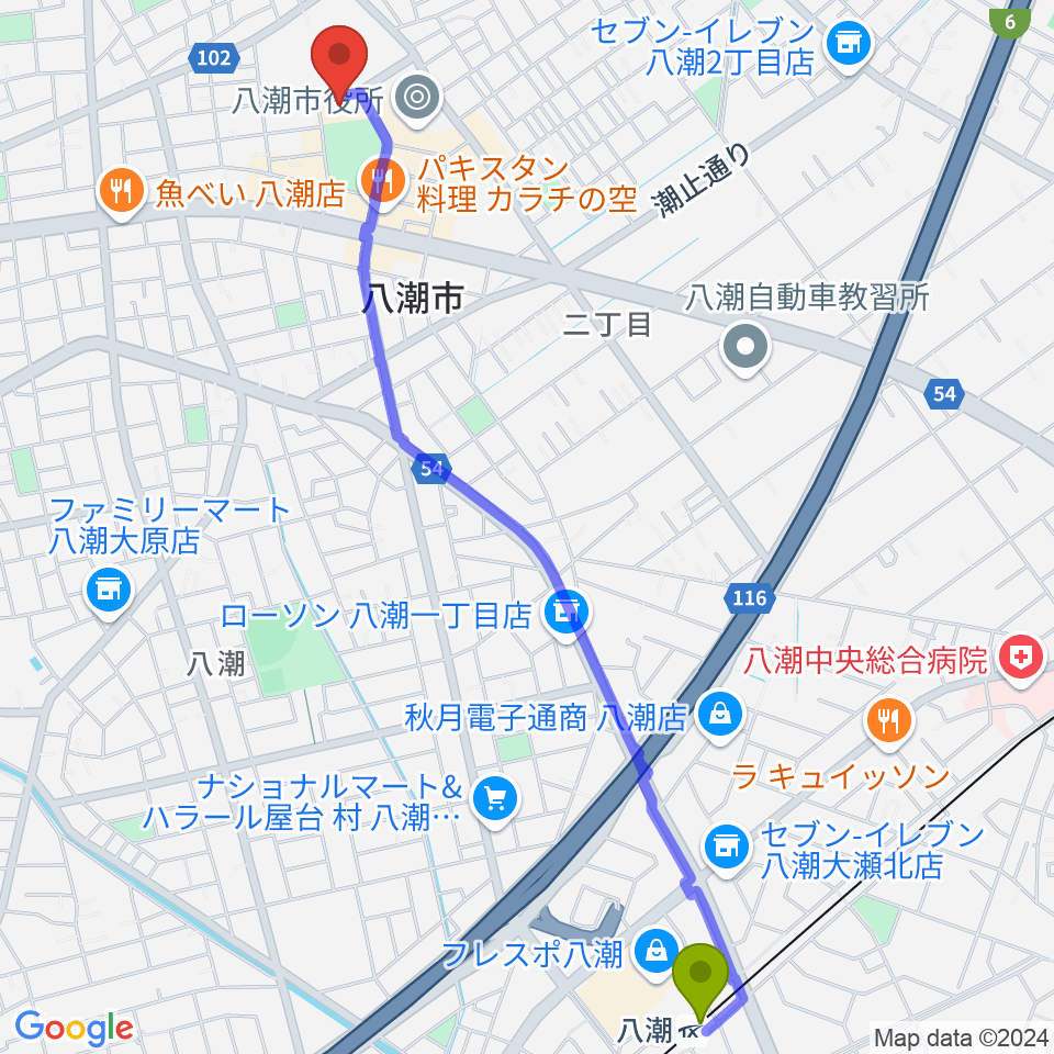 八潮メセナの最寄駅八潮駅からの徒歩ルート（約29分）地図