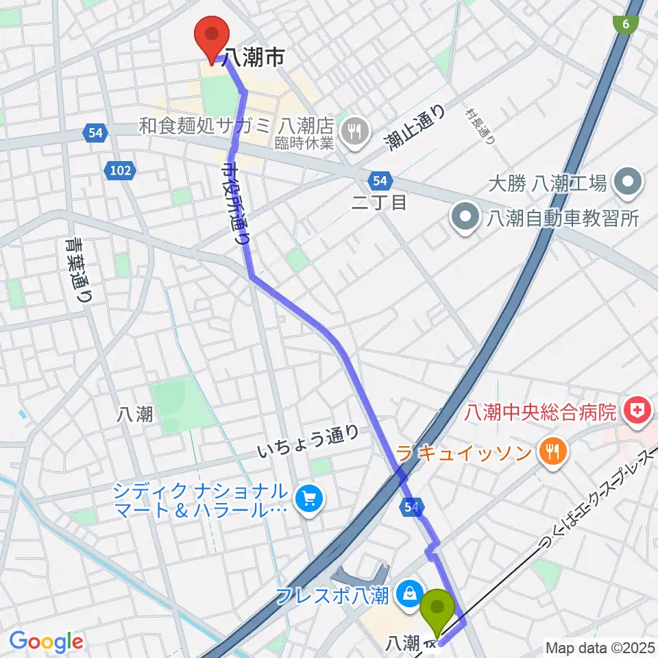 八潮メセナの最寄駅八潮駅からの徒歩ルート（約29分）地図
