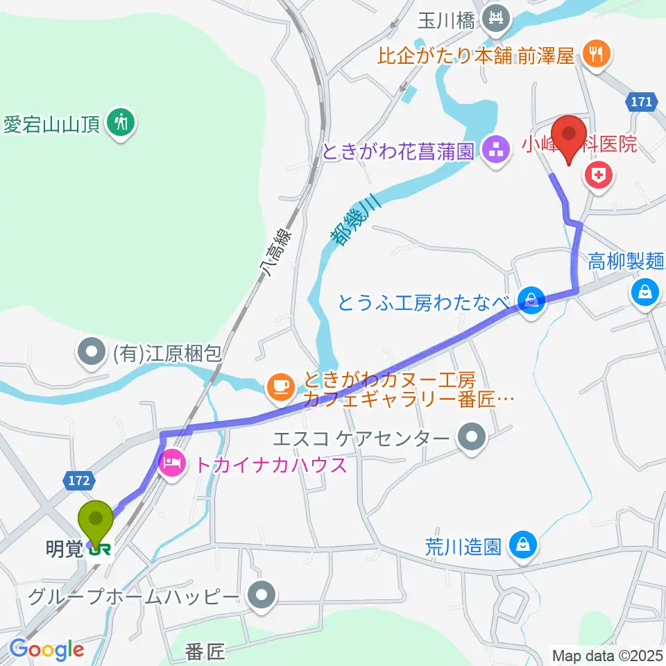 ときがわ町文化センター アスピアたまがわの最寄駅明覚駅からの徒歩ルート（約14分）地図