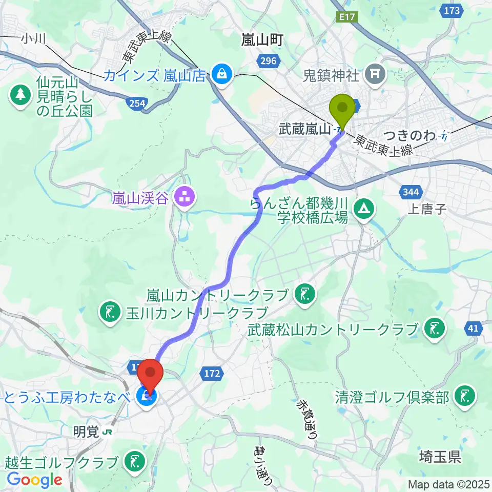 武蔵嵐山駅からときがわ町文化センター アスピアたまがわへのルートマップ地図