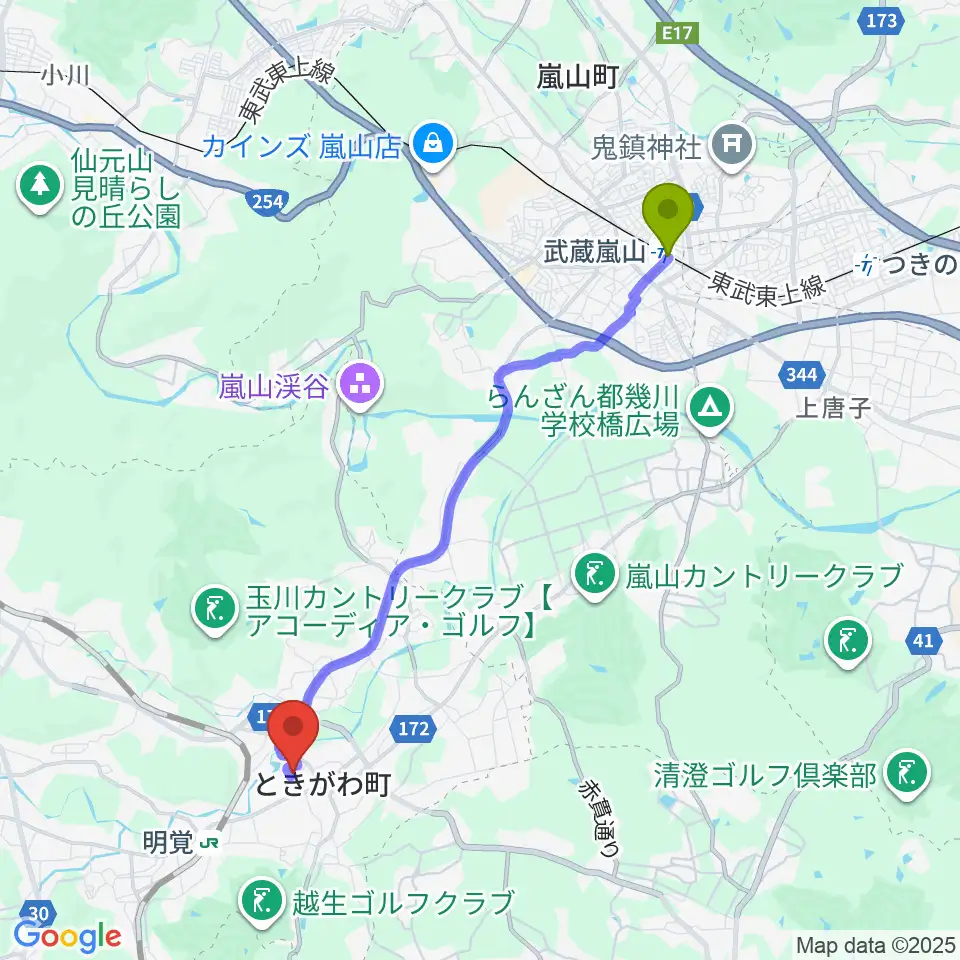 武蔵嵐山駅からときがわ町文化センター アスピアたまがわへのルートマップ地図