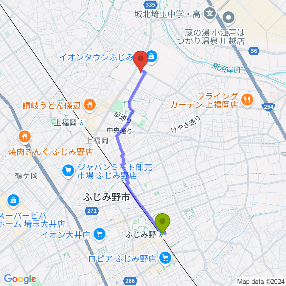 ふじみ野駅からふじみ野ステラ・イーストへのルートマップ地図