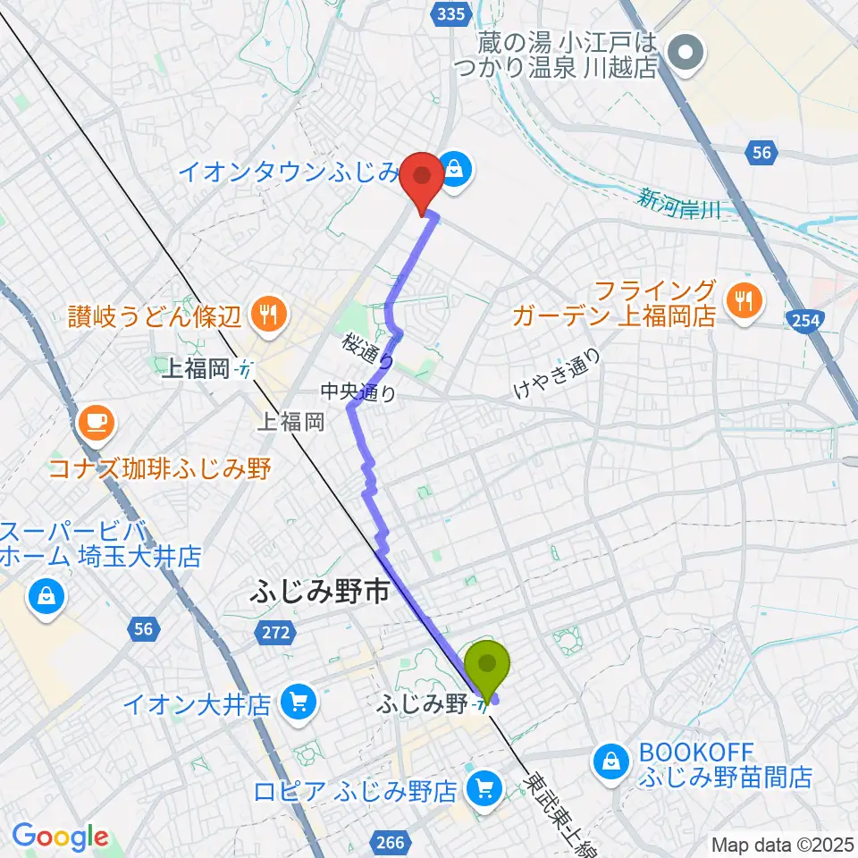 ふじみ野駅からふじみ野ステラ・イーストへのルートマップ地図