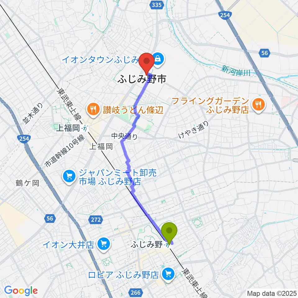 ふじみ野駅からふじみ野ステラ・イーストへのルートマップ地図
