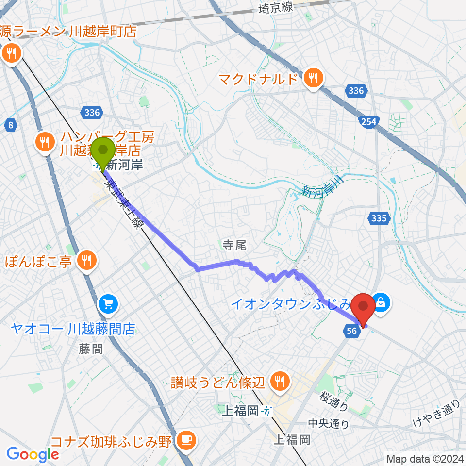 新河岸駅からふじみ野ステラ・イーストへのルートマップ地図