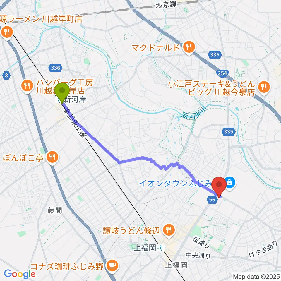 新河岸駅からふじみ野ステラ・イーストへのルートマップ地図