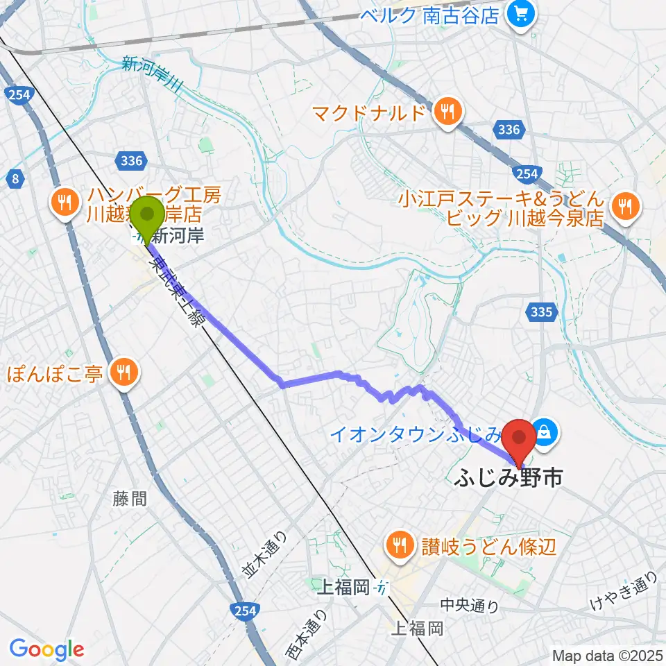 新河岸駅からふじみ野ステラ・イーストへのルートマップ地図