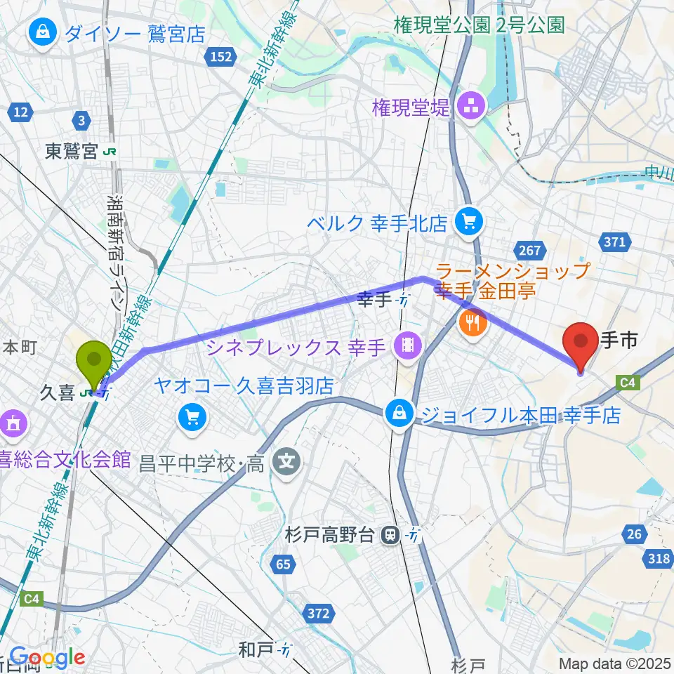 久喜駅からアスカル幸手へのルートマップ地図