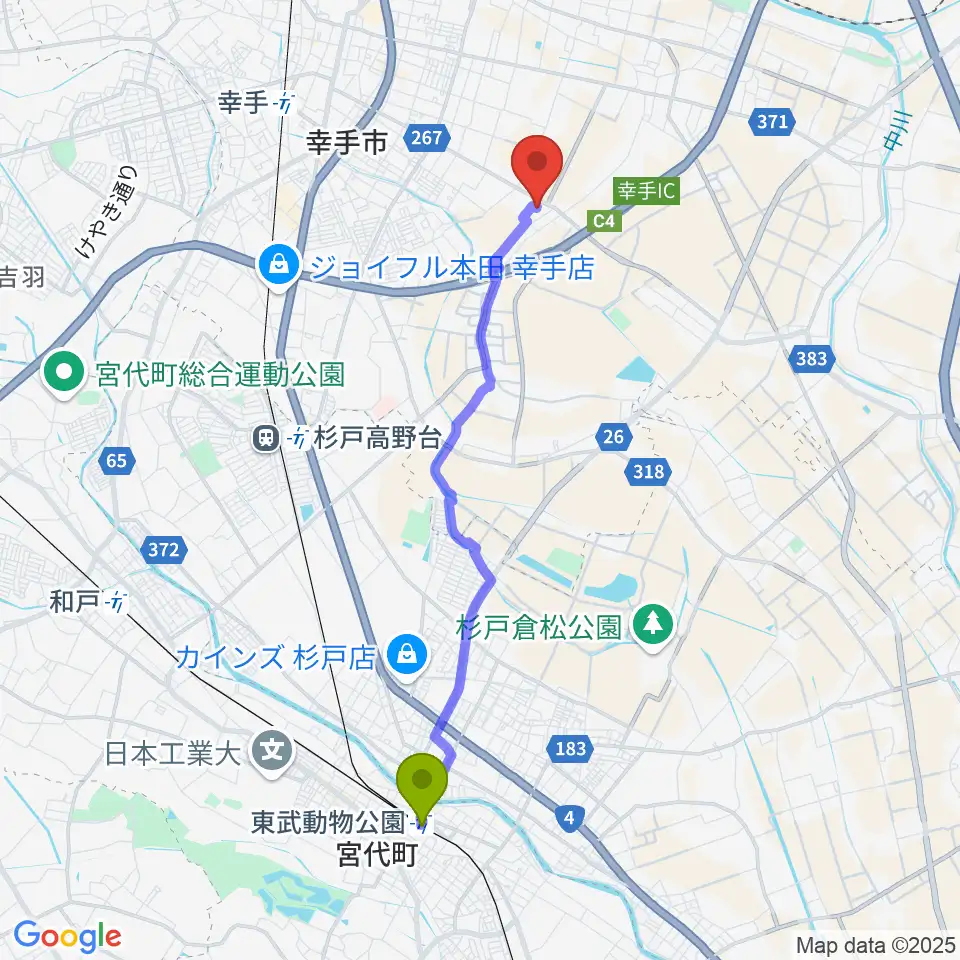 東武動物公園駅からアスカル幸手へのルートマップ地図