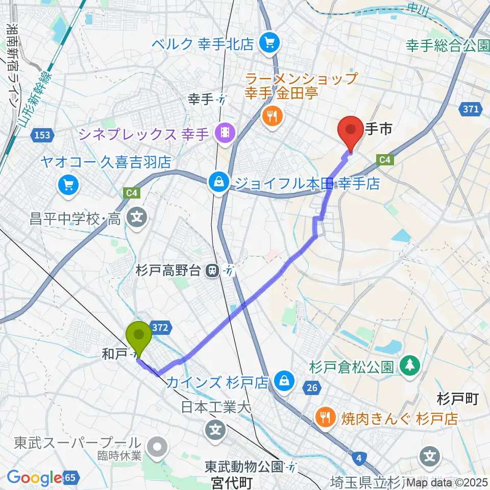 和戸駅からアスカル幸手へのルートマップ地図