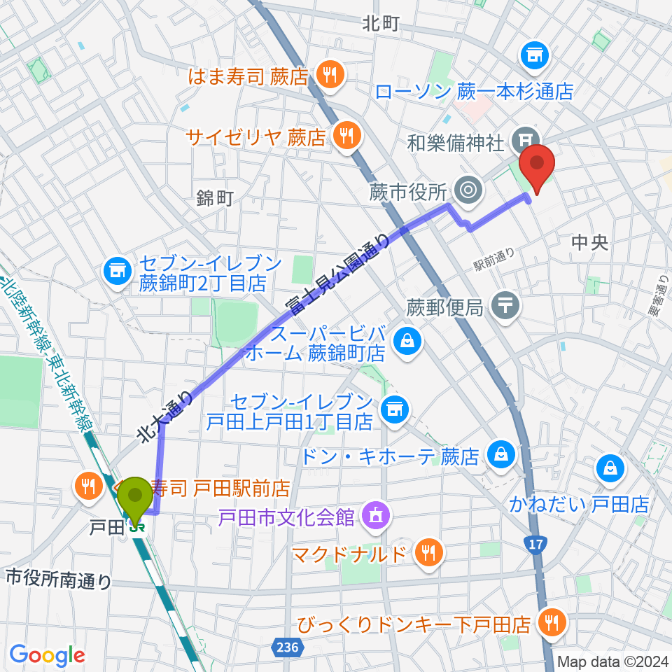 戸田駅から蕨市民会館へのルートマップ地図