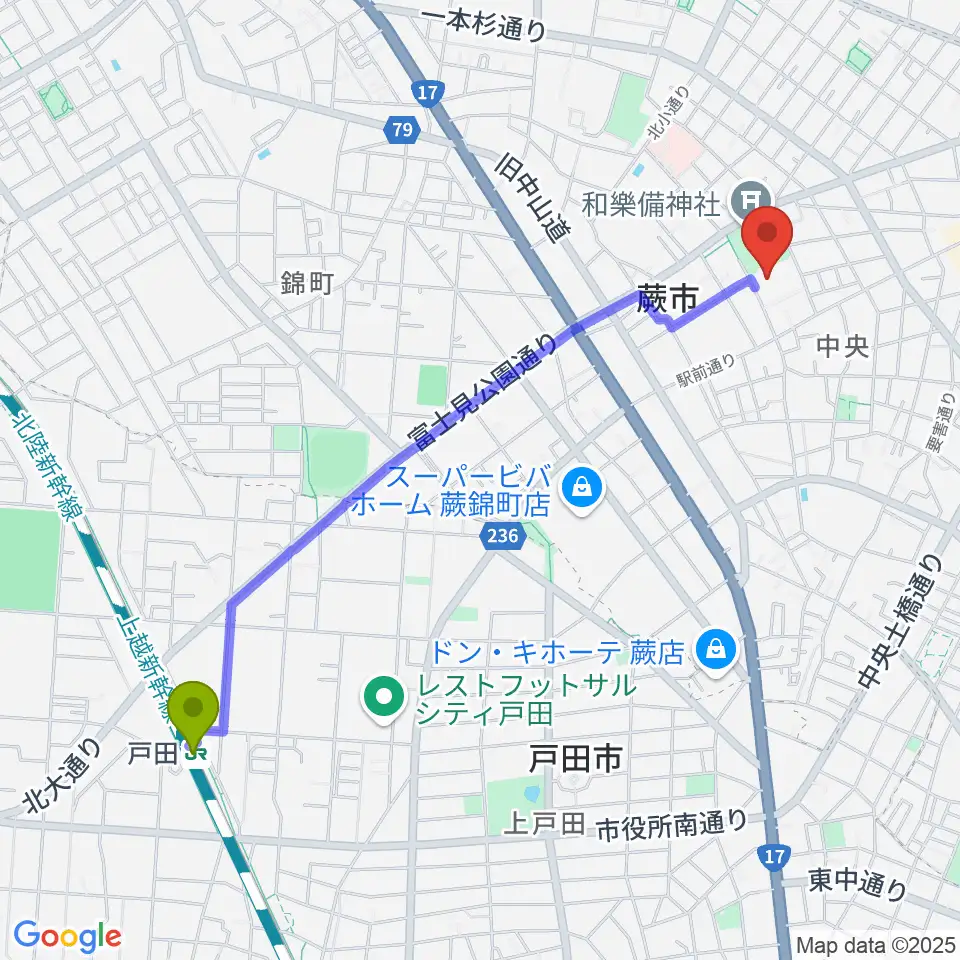 戸田駅から蕨市民会館へのルートマップ地図