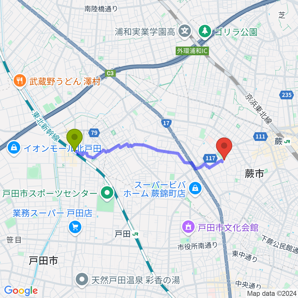 北戸田駅から蕨市民会館へのルートマップ地図