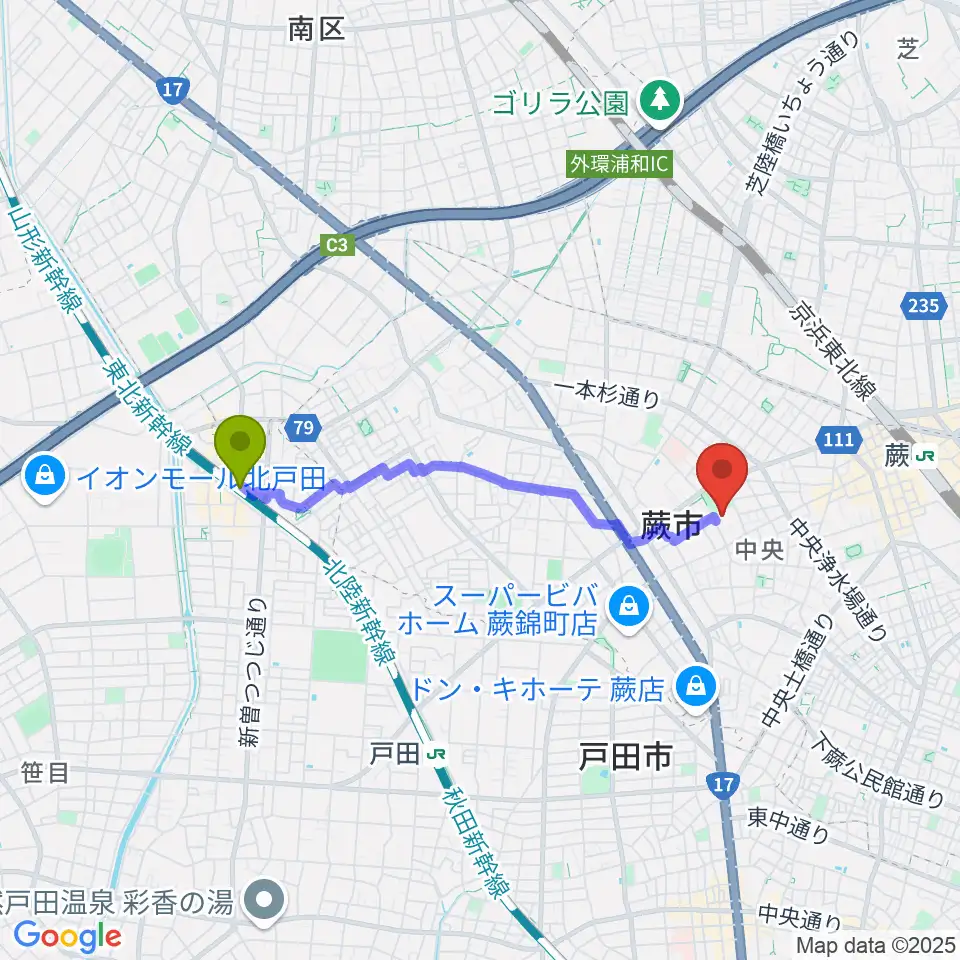 北戸田駅から蕨市民会館へのルートマップ地図