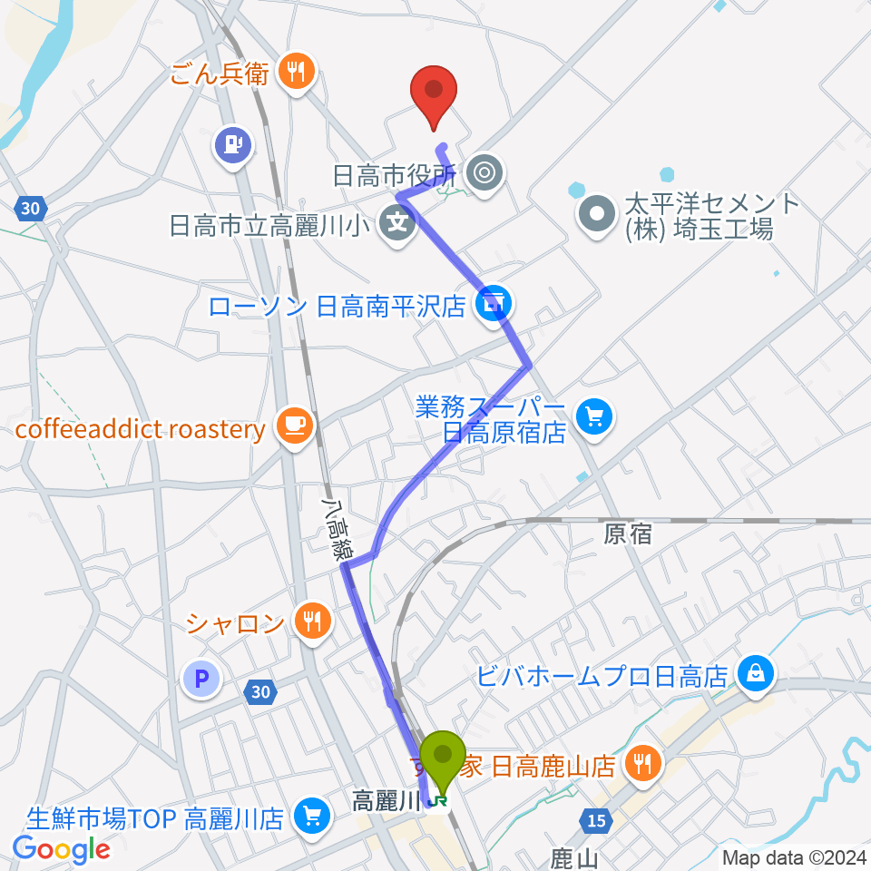 日高市文化体育館 ひだかアリーナの最寄駅高麗川駅からの徒歩ルート（約24分）地図