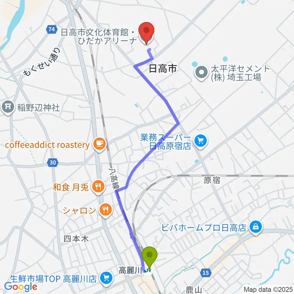 日高市文化体育館 ひだかアリーナの最寄駅高麗川駅からの徒歩ルート（約24分）地図