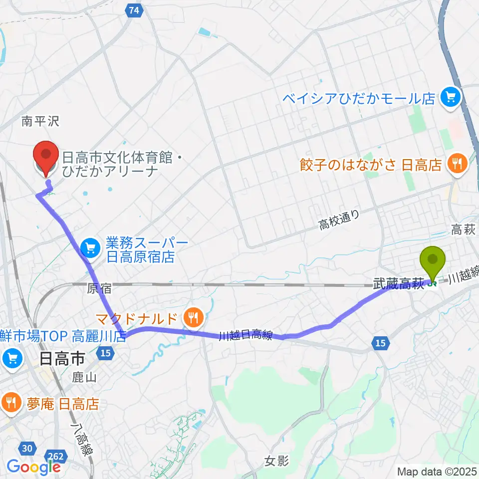武蔵高萩駅から日高市文化体育館 ひだかアリーナへのルートマップ地図